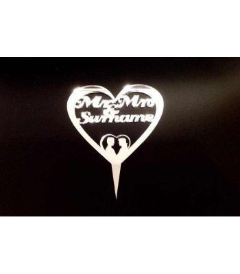 Laser Cut Personalised Mr & Mrs Couple Silhouette Inside a heart Frame Cake Topper - Mirrored Acrylic